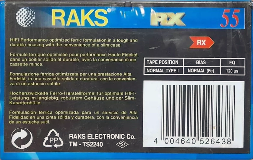 Compact Cassette RAKS RX 55 Type I Normal 1993 Europe