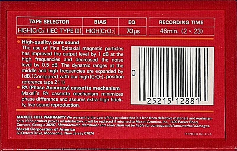 Compact Cassette Maxell UDS 46 "UDS-II" Type II Chrome 1985 USA