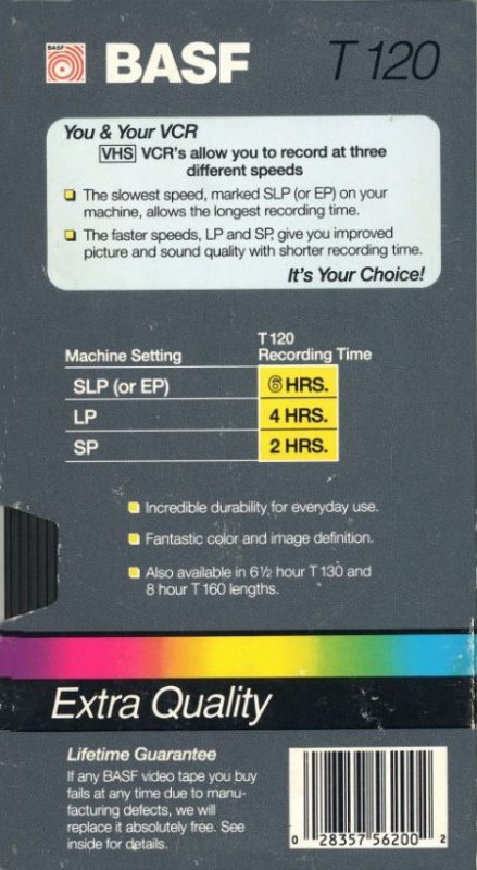 VHS, Video Home System BASF Extra Quality 120 Type I Normal 1989 USA