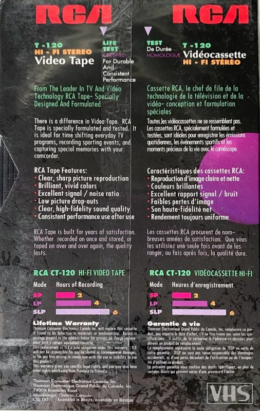 VHS, Video Home System RCA 120 Type I Normal Canada