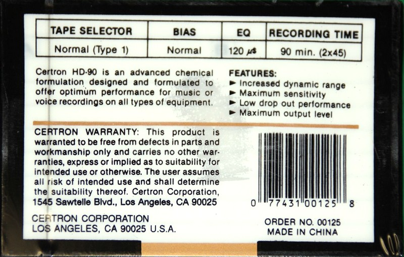 Compact Cassette Certron HD 90 Type I Normal China