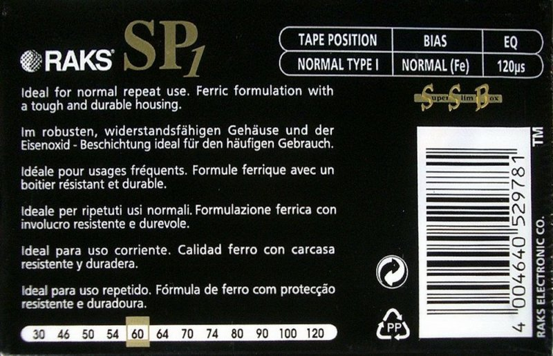 Compact Cassette RAKS SP 1 60 Type I Normal 1998 Europe