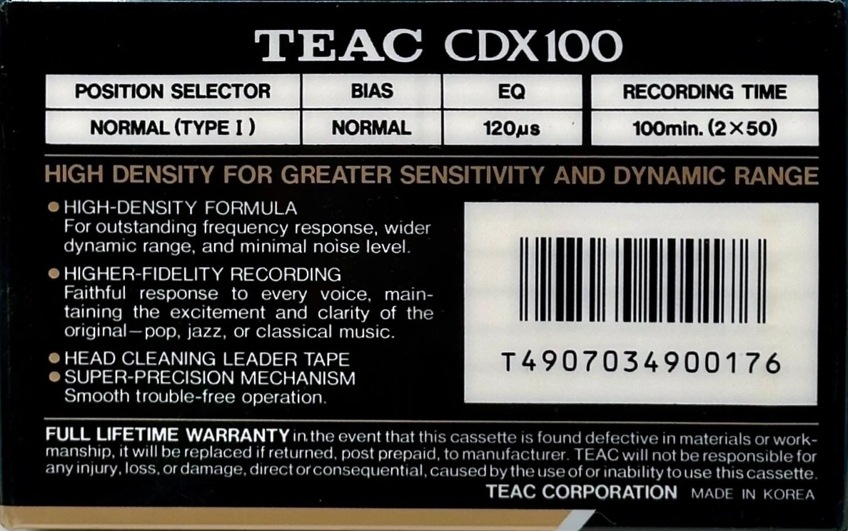 Compact Cassette Teac CDX 100 Type I Normal 1991 Europe