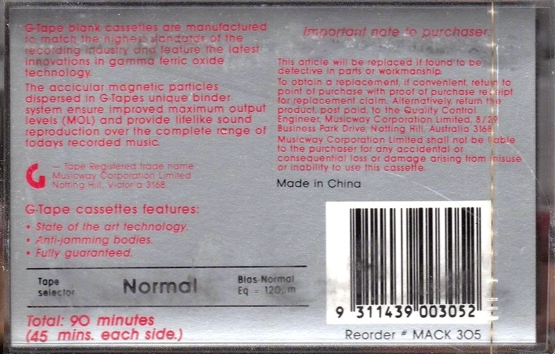 Compact Cassette G-Tape HE 90 Type I Normal 1986 Australia