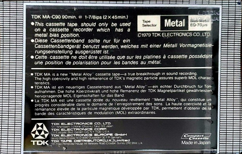 Compact Cassette TDK MA 90 Type IV Metal 1979 Europe, USA