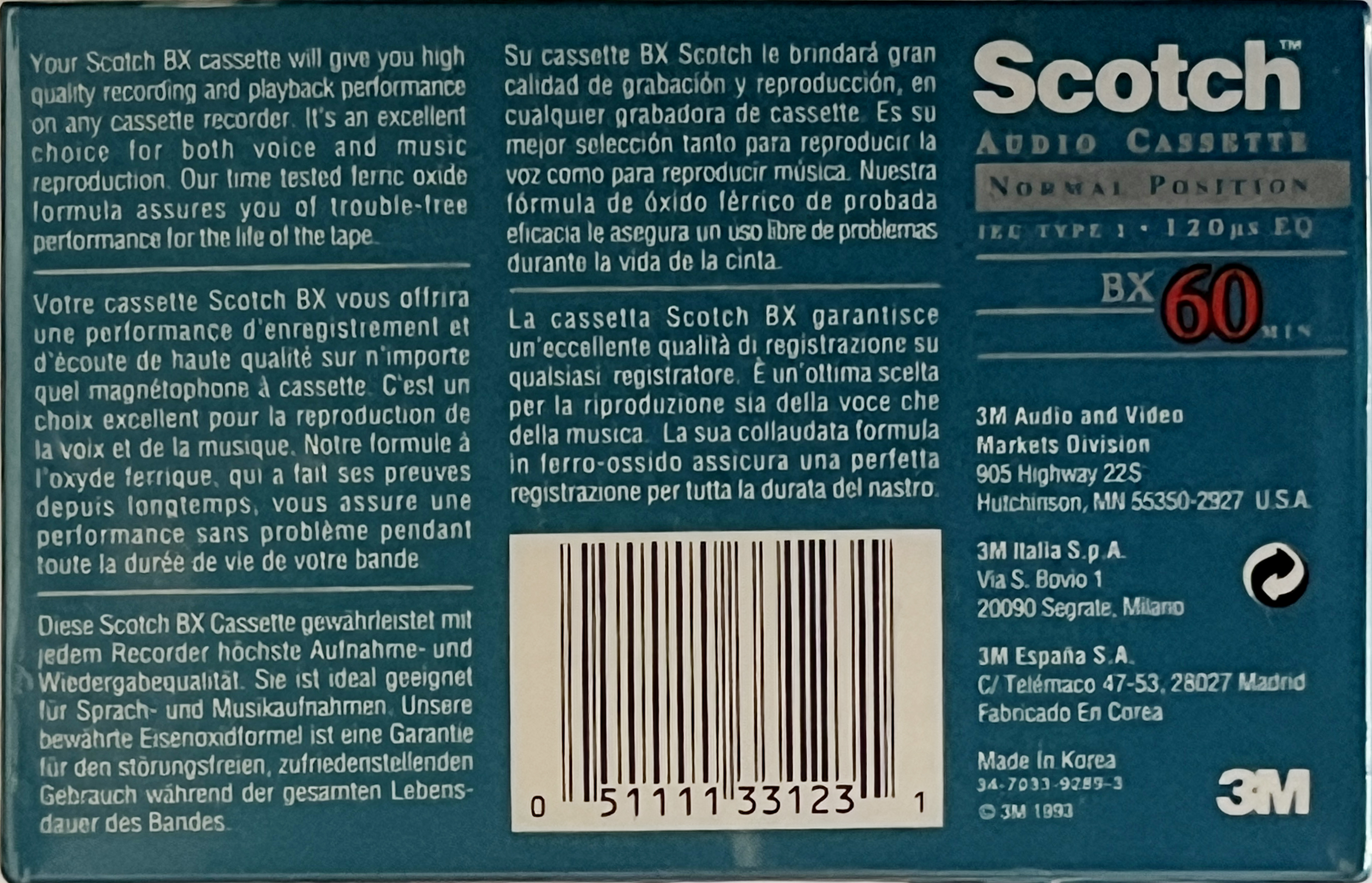 Compact Cassette Scotch BX 60 Type I Normal 1993 Worldwide