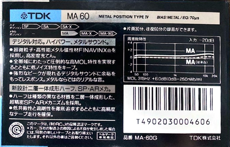 Compact Cassette TDK MA 60 "MA-60G" Type IV Metal 1987 Japan