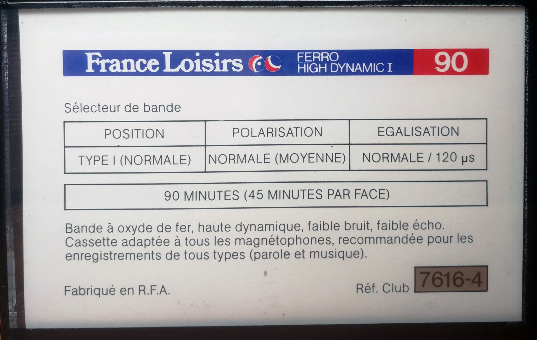Compact Cassette France Loisirs 90 Type I Normal 1987 France