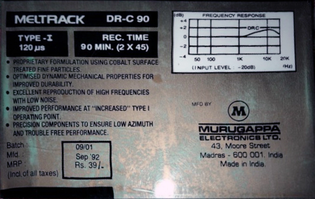 Compact Cassette Meltrack DR-C 90 "Cobalt" Type I Normal 1992 India