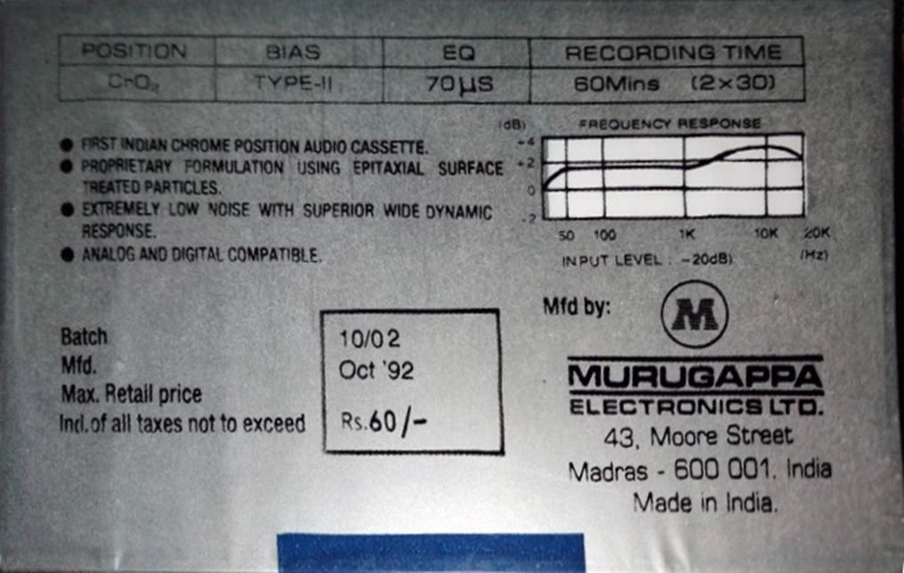 Compact Cassette Meltrack CR-X 60 Type II Chrome 1992 India