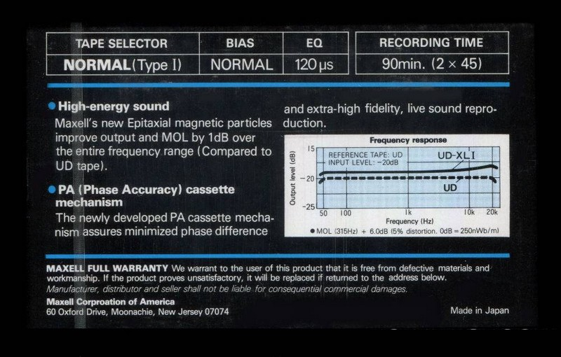 Compact Cassette Maxell UD XLI 90 Type I Normal 1982 USA