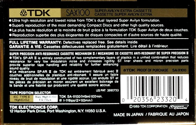 Compact Cassette TDK SA-X 100 Type II Chrome 1989 North America