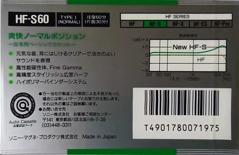 Compact Cassette Sony HF-S 60 Type I Normal 1988 Japan