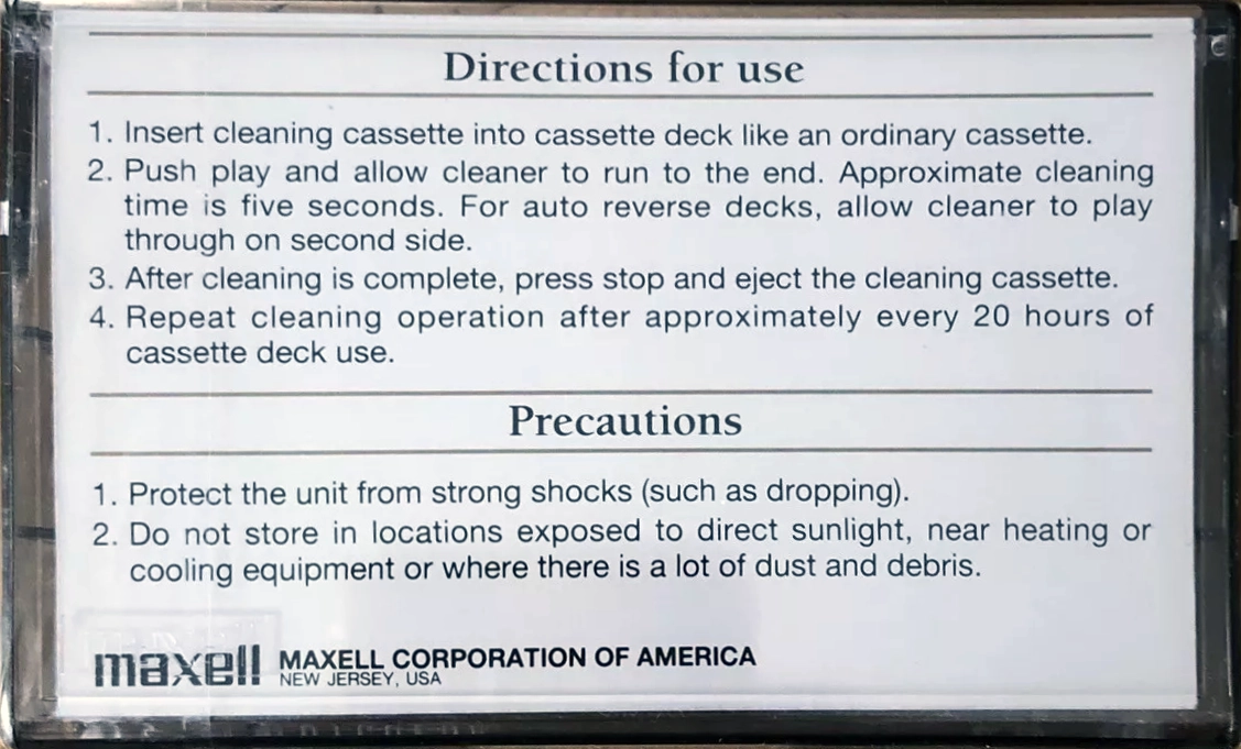 Compact Cassette Maxell "C-CL" Cleaning Cassette USA