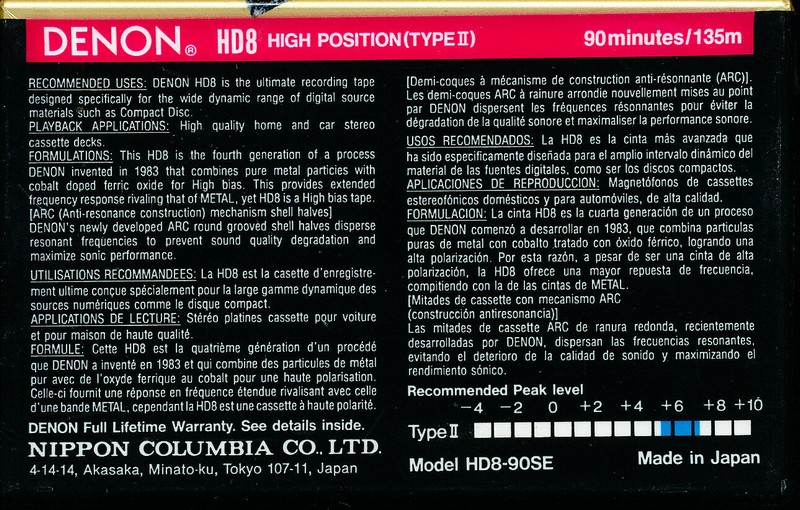 Compact Cassette Denon HD8 90 "HD8-90SE" Type II Chrome 1990 Worldwide