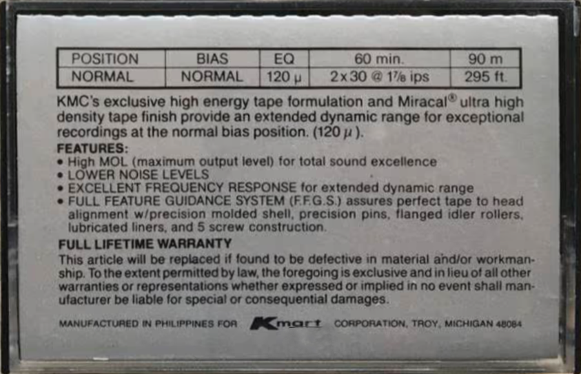Compact Cassette KMC 60 Type I Normal USA