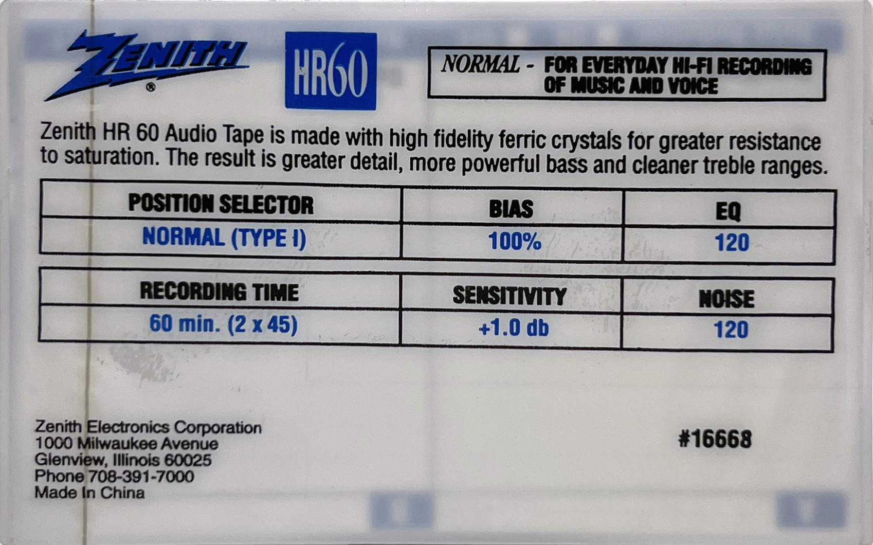 Compact Cassette Zenith HR 60 Type I Normal 1990 USA