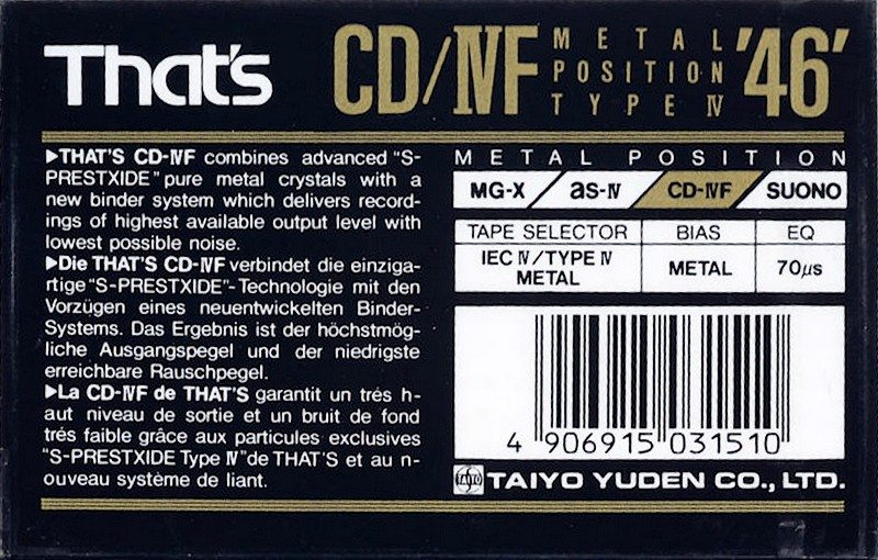 Compact Cassette Thats CD-IVF 46 Type IV Metal 1991 Europe