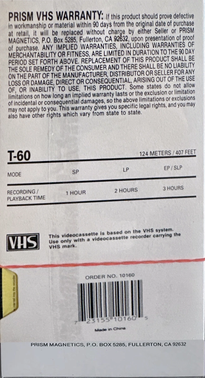VHS, Video Home System Prism 60 Type I Normal 1991 USA