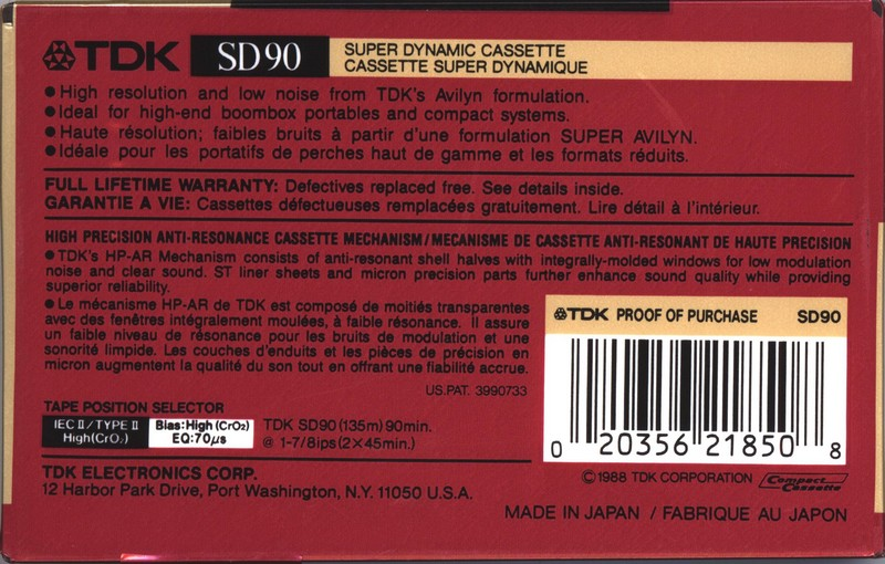 Compact Cassette TDK SD 90 Type II Chrome 1988 North America