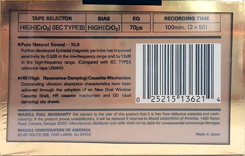 Compact Cassette Maxell XLII 100 Type II Chrome 1989 USA