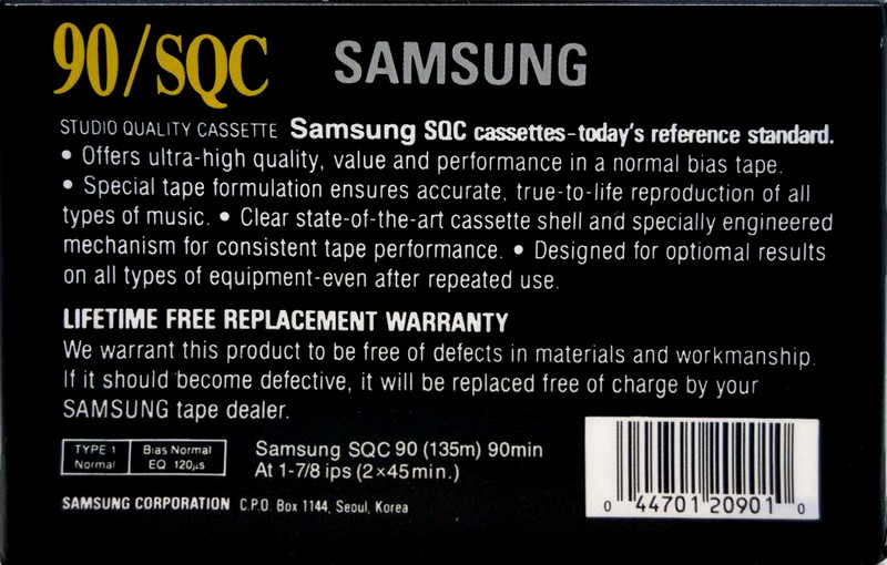 Compact Cassette Samsung SQC 90 Type I Normal 1995 North America