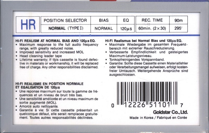 Compact Cassette Goldstar HR 60 Type I Normal 1987 North America