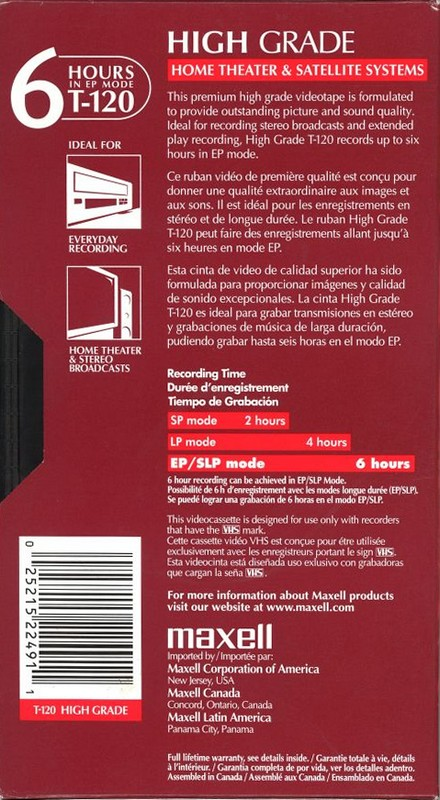 VHS, Video Home System Maxell High Grade 120 Type I Normal Latin America, North America