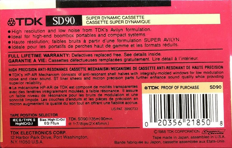 Compact Cassette TDK SD 90 Type II Chrome 1988 North America