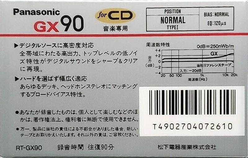 Compact Cassette Panasonic GX 90 "RT-GX90" Type I Normal 1989 Japan