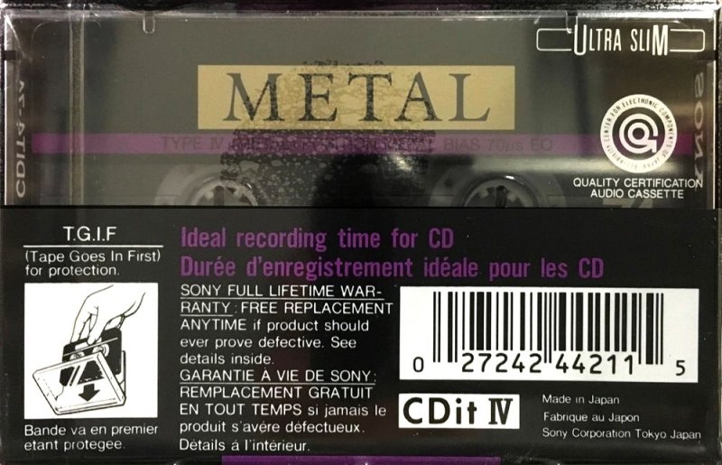 Compact Cassette Sony CDit IV 74 "CDIT4-74" Type IV Metal 1990 North America