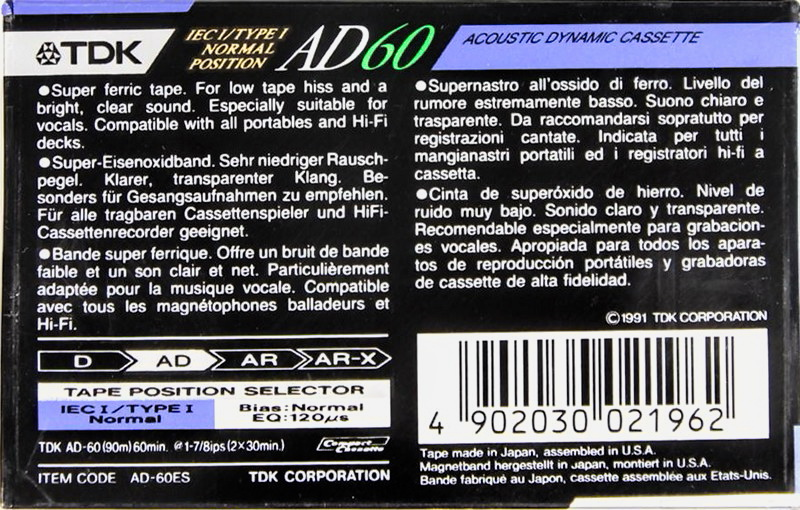 Compact Cassette TDK AD 60 "AD-60ES" Type I Normal 1990 Europe