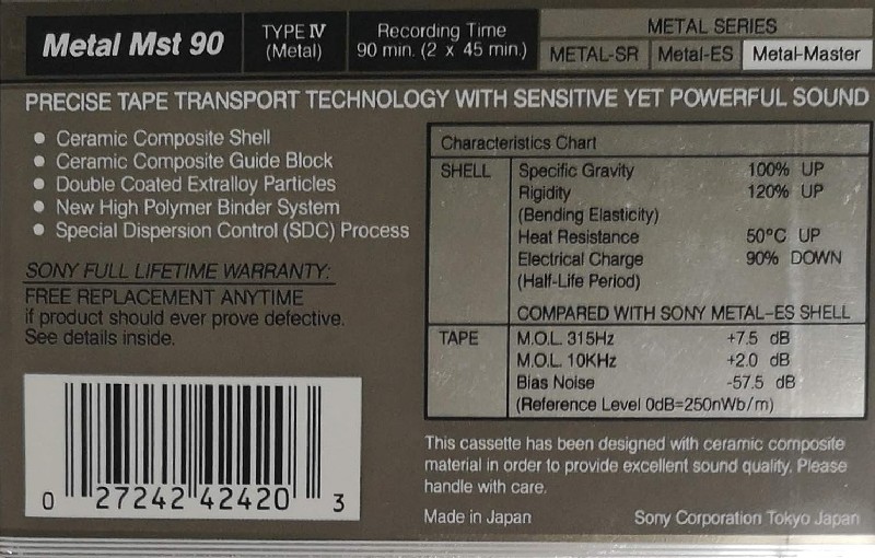 Compact Cassette Sony Metal Master 90 Type IV Metal 1988 USA
