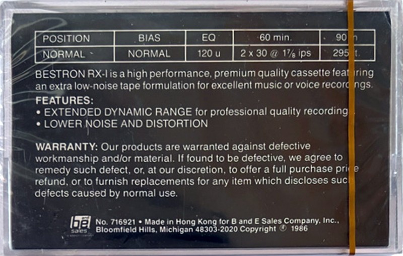 Compact Cassette Bestron RX-I 60 Type I Normal 1986 USA