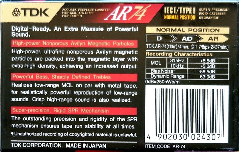 Compact Cassette TDK AR 74 "AR-74" Type I Normal 1992 Europe