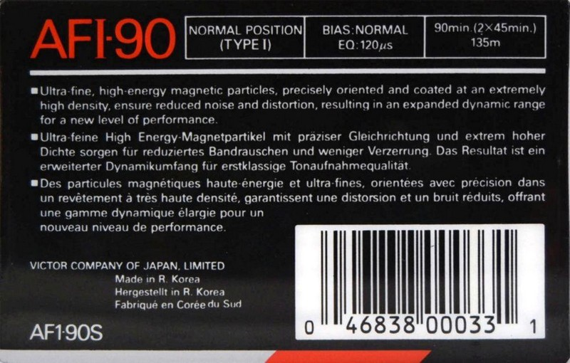 Compact Cassette JVC AFI 90 "AF1-90S" Type I Normal 1990 North America