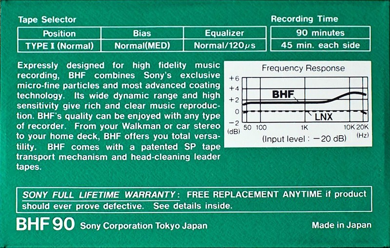 Compact Cassette Sony BHF 90 Type I Normal 1982 USA