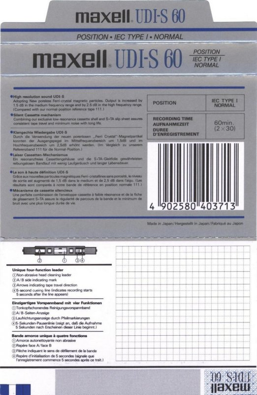 Compact Cassette Maxell UDI-S 60 Type I Normal 1986 Europe