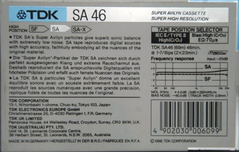 Compact Cassette TDK SA 46 Type II Chrome 1988 Australia, Europe