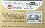 Compact Cassette Tony UHF 90 "by Tony Wong Company (PTE) LTD." Type I Normal 1986 Singapore