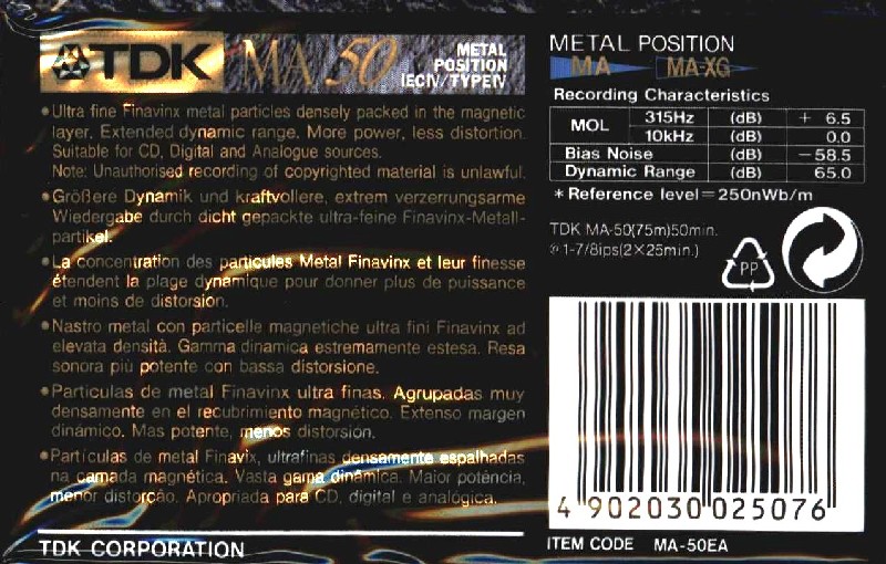 Compact Cassette TDK MA 50 "MA-50EA" Type IV Metal 1994 Europe