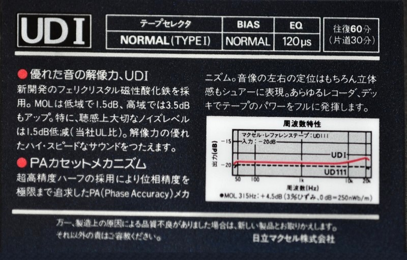 Compact Cassette Maxell UDI / UD1 60 Type I Normal 1985 Japan