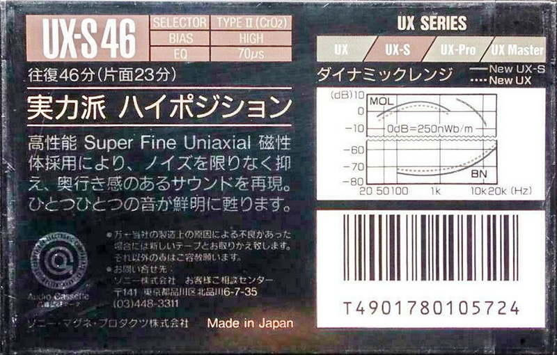 Compact Cassette Sony UX-S 46 "UX-S46B" Type II Chrome 1989 Japan