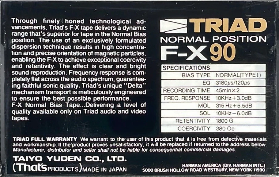 Compact Cassette Triad F-X 90 Type I Normal 1986 North America