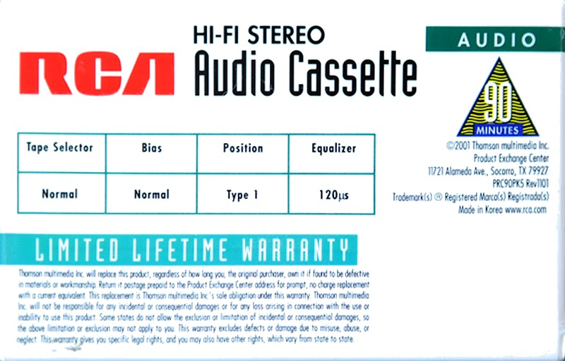 Compact Cassette RCA 90 Type I Normal 2001 USA