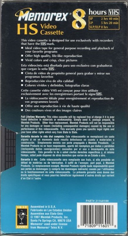 VHS, Video Home System Memorex HS 160 Type I Normal 1997 North America