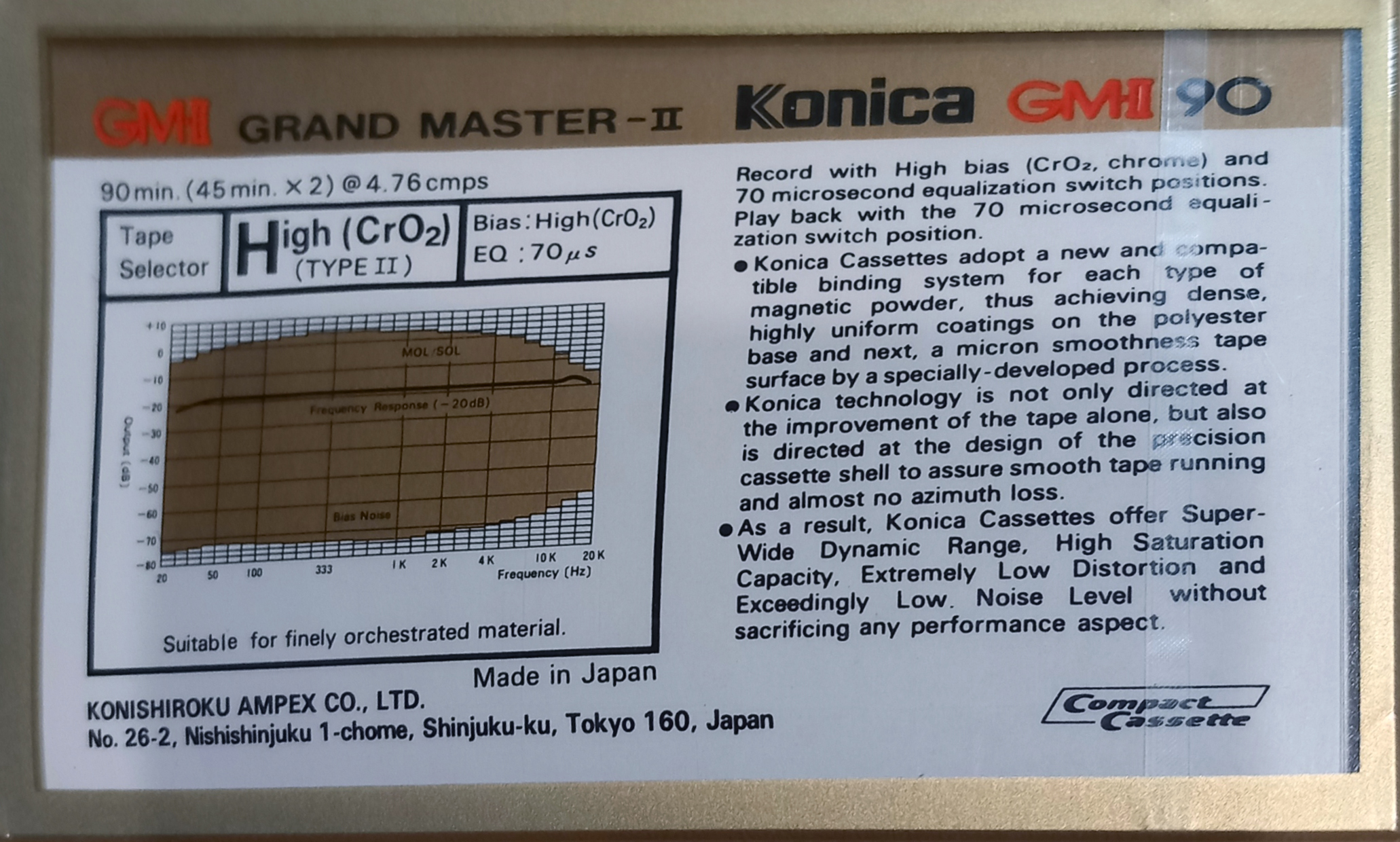 Compact Cassette Konica GM-II 90 "Grand Master II" Type II Chrome 1984 USA
