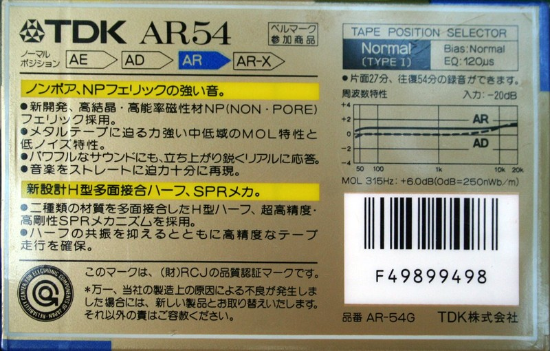 Compact Cassette TDK AR 54 "AR-54G" Type I Normal 1987 Japan