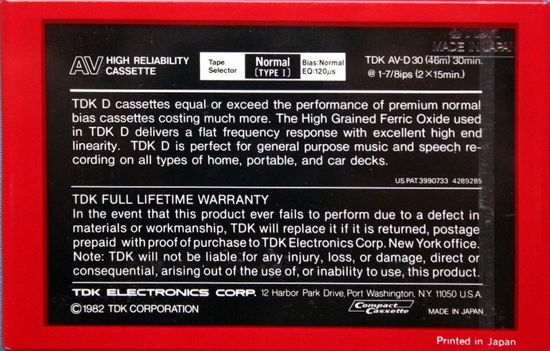 Compact Cassette TDK AV 30 "AV-D30" Type I Normal 1982 USA