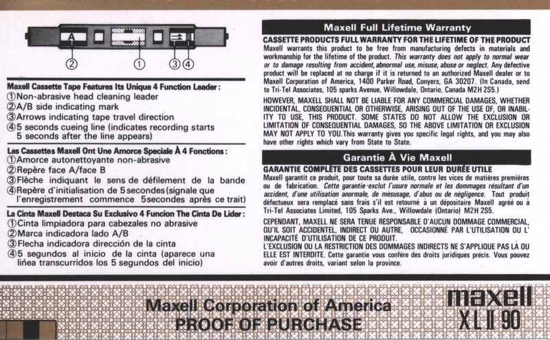 Compact Cassette Maxell XLII 90 Type II Chrome 1993 North America